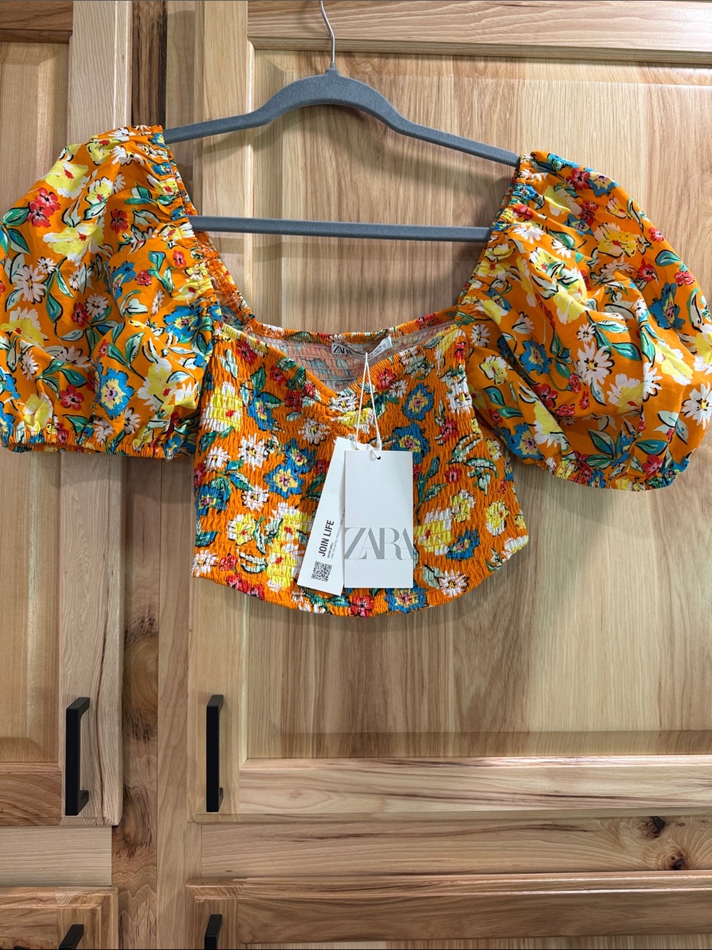 NWT ZARA Size M Orange Floral Smocked Puff-Sleeve Crop Top Peasant Prairiecore - Picture 2 of 10